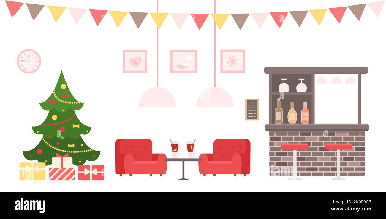 Christmas tree, bar counter, two cozy threequarter armchairs and glasses with mulled wine on
