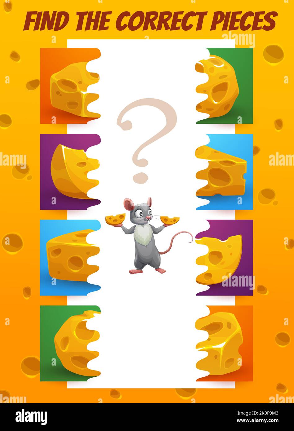 Find correct piece of cheese, kids game worksheet, vector puzzle
