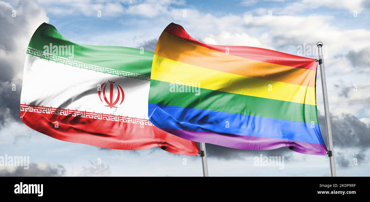 Iran and Rainbow flags on a wall with crack. Homosexuality in Iran. Iran and LGBTQ relation, rights, freedom, pride, conflict concept Stock Photo