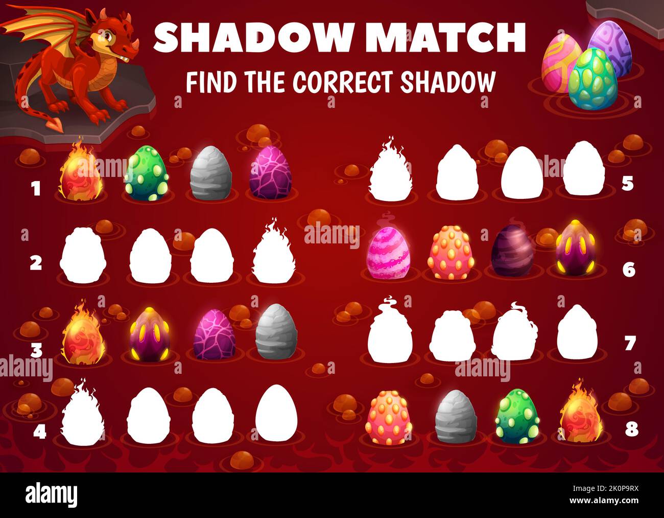 Cartoon dragon eggs, find correct shadow. Kids game worksheet, vector ...