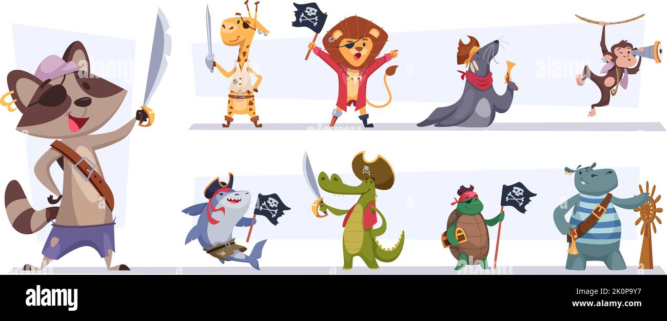 Pirate animals. Cute funny cartoon sailors animals in pirate costumes with weapons exact vector pictures set isolated Stock Vector