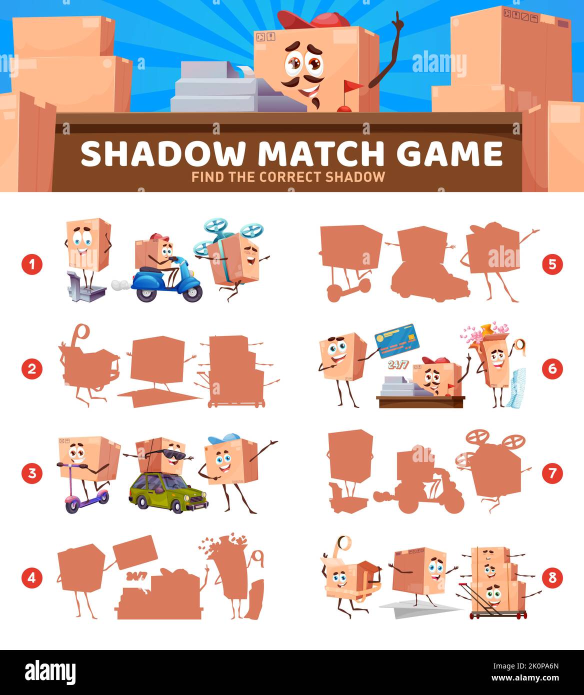 Shadow match game. Cartoon package box characters on kids game, shadow