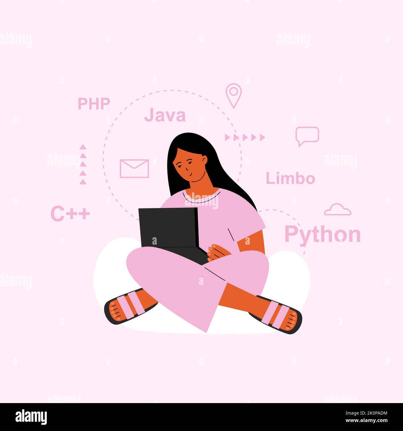 Geek with notebook, teen girl programming or learning web language ...
