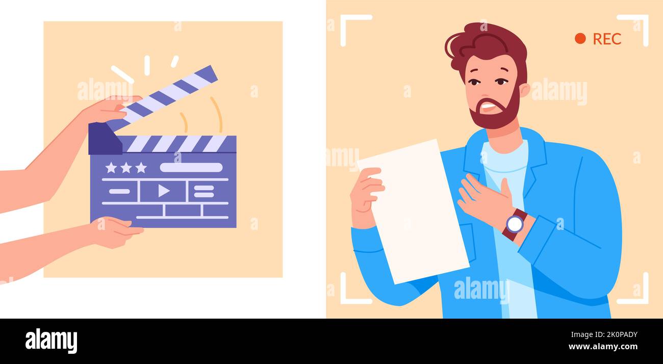 Actor reading script. Movie academic rehearsal actors casting concept, cinema action clapperboard backstage guy acting in hollywood film or theatre play, vector illustration of cinema film production Stock Vector