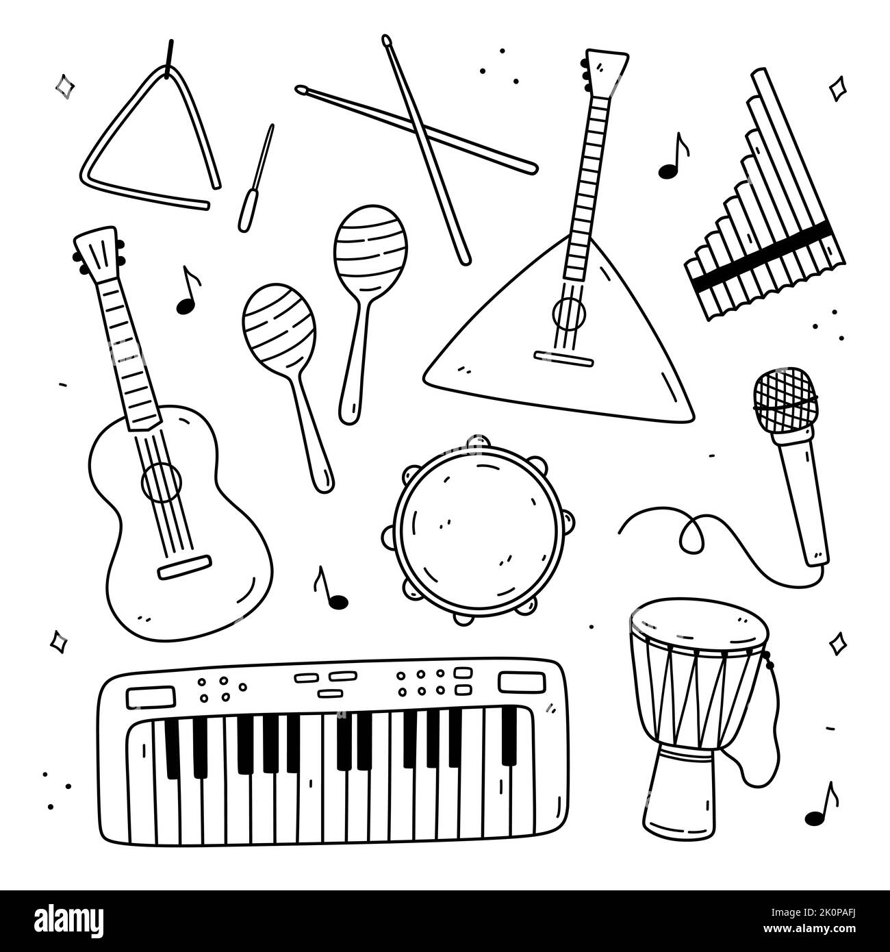 Cute doodle set of musical instruments - triangle, drumsticks, balalaika, pan flute, guitar, maracas, tambourine, microphone, djembe drum, electronic keyboard. Vector hand-drawn illustration. Stock Vector