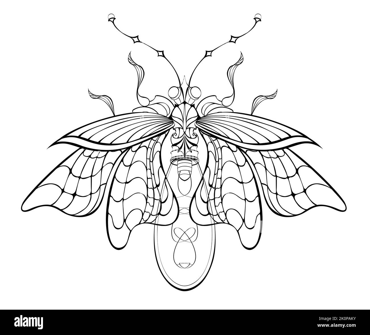 Antique, contoured, mechanical firefly with light bulb and thin wings on white background. Steampunk style. Stock Vector