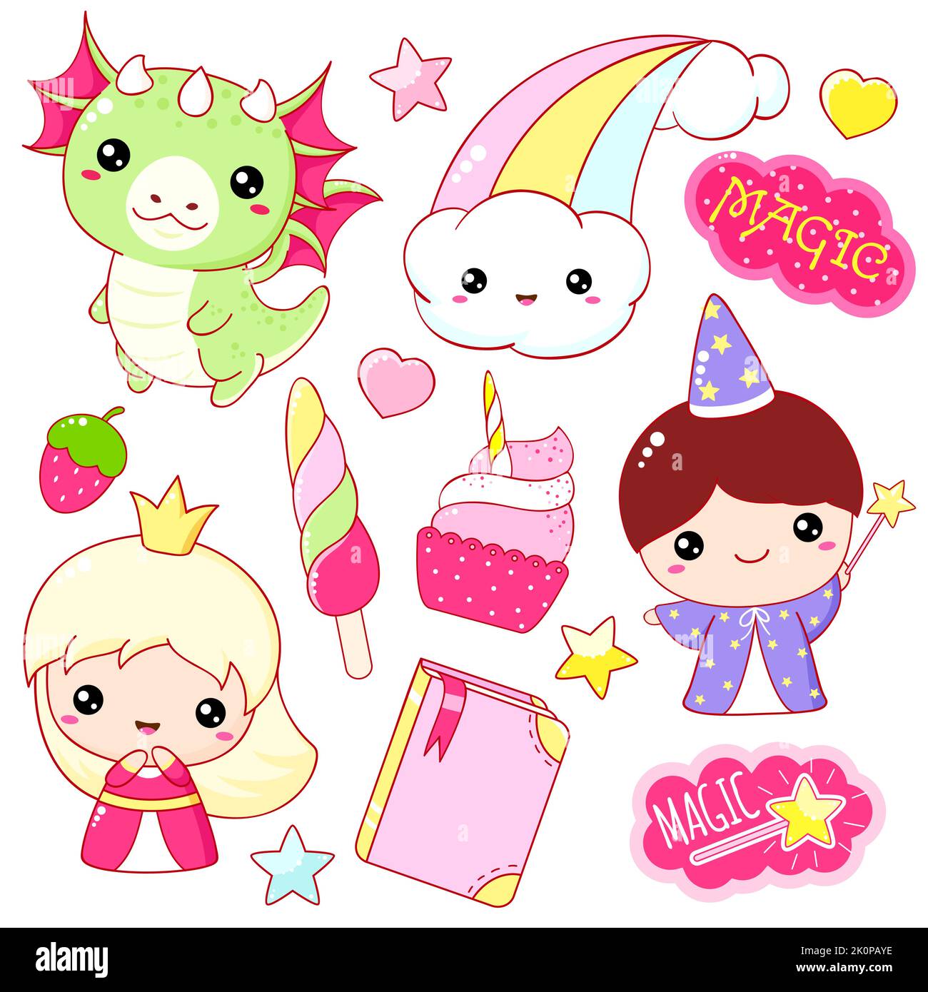 Set of kawaii fairy tale characters. Little princess, wizard, dragon, cupcake, ice cream, book, rainbow. Cute fairytale collection of funny happy baby Stock Vector