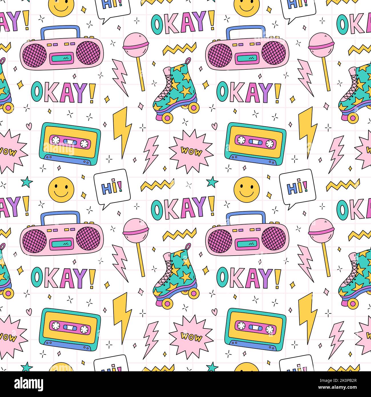 Bright seamless pattern with items from the nineties - quad roller skates, retro cassette tape and music boombox, lightnings, smile, lollipop, stars on checkered background. Nostalgia for the 1990 Stock Vector