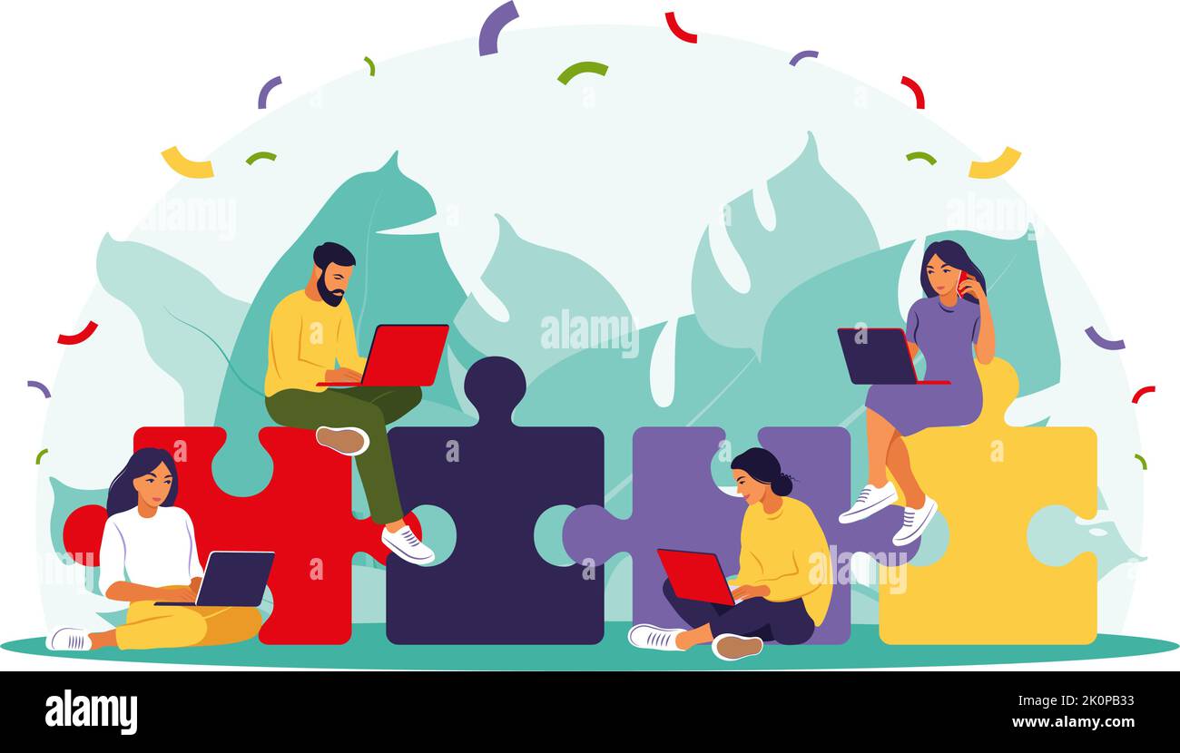 Business team putting together puzzle. Cartoon partners working in ...