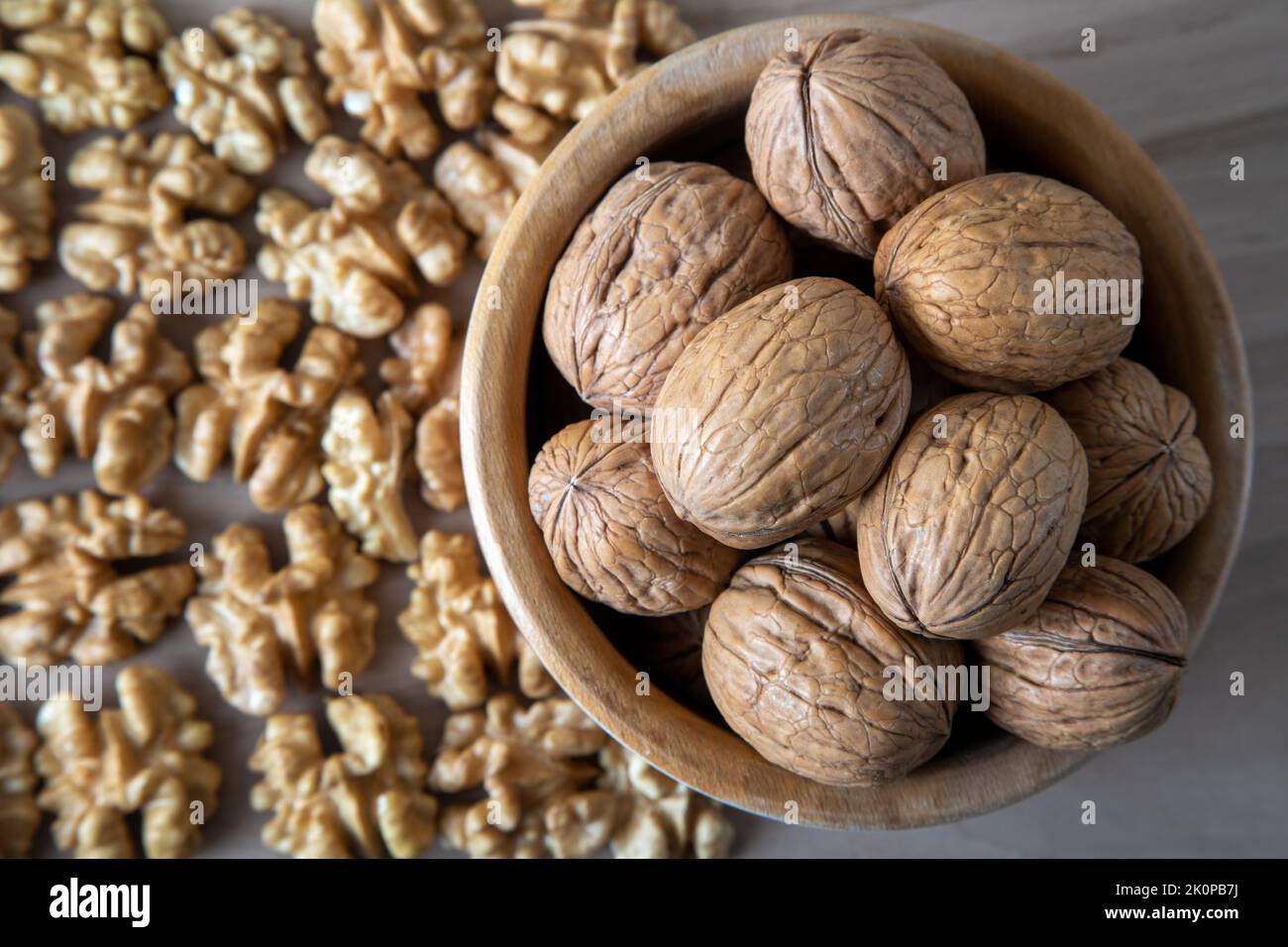 Shelled and peeled walnuts together,closeup Stock Photo