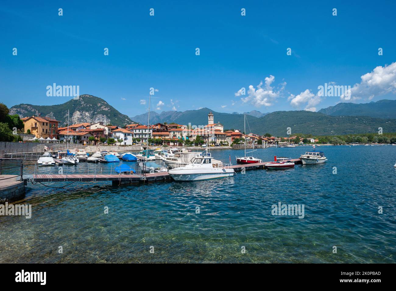 Small harbor with town view, Feriolo, Piedmont, Italy, Europe Stock Photo