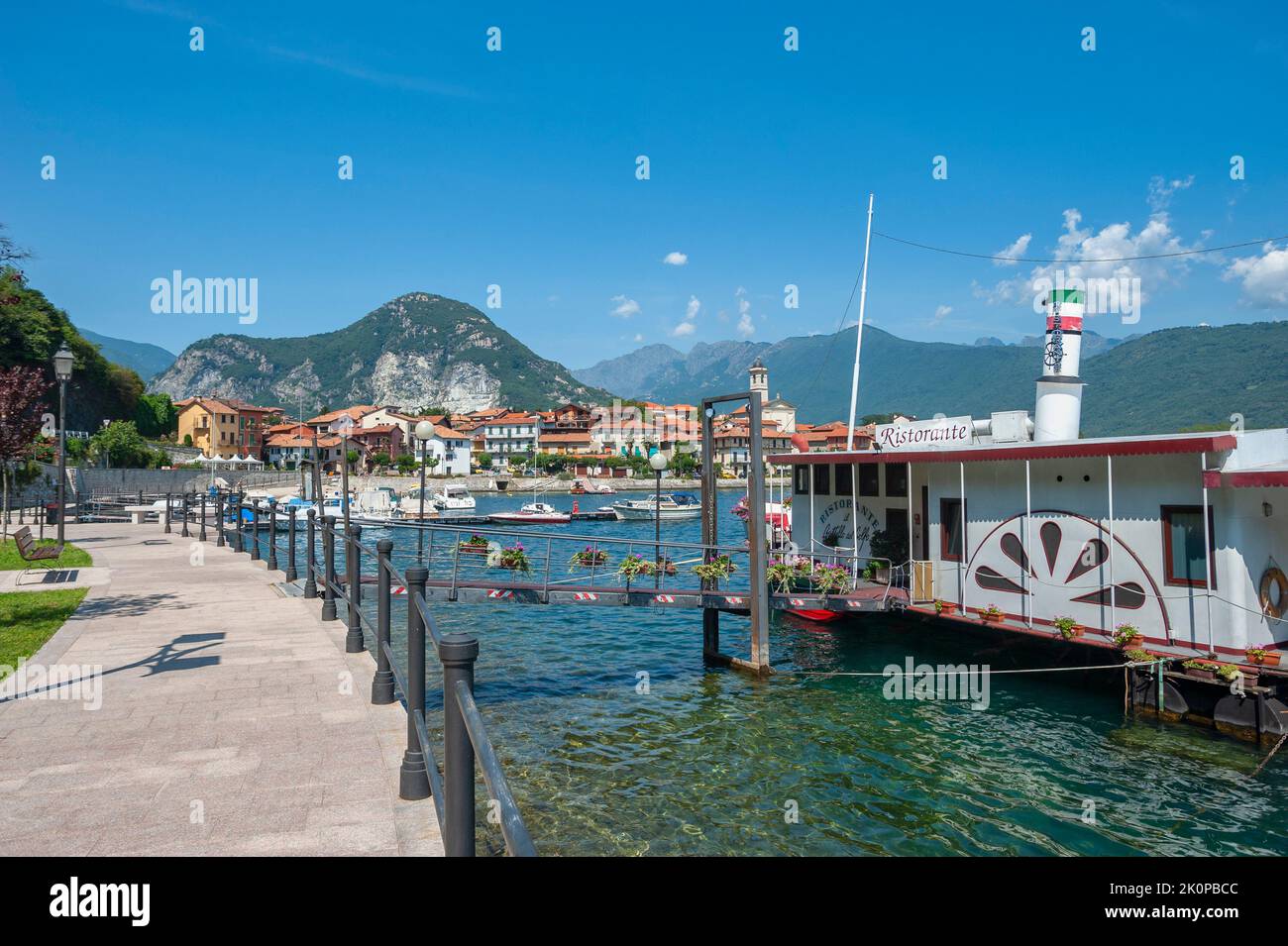 Townscape with harbor and beach, Feriolo, Piedmont, Italy, Europe Stock Photo