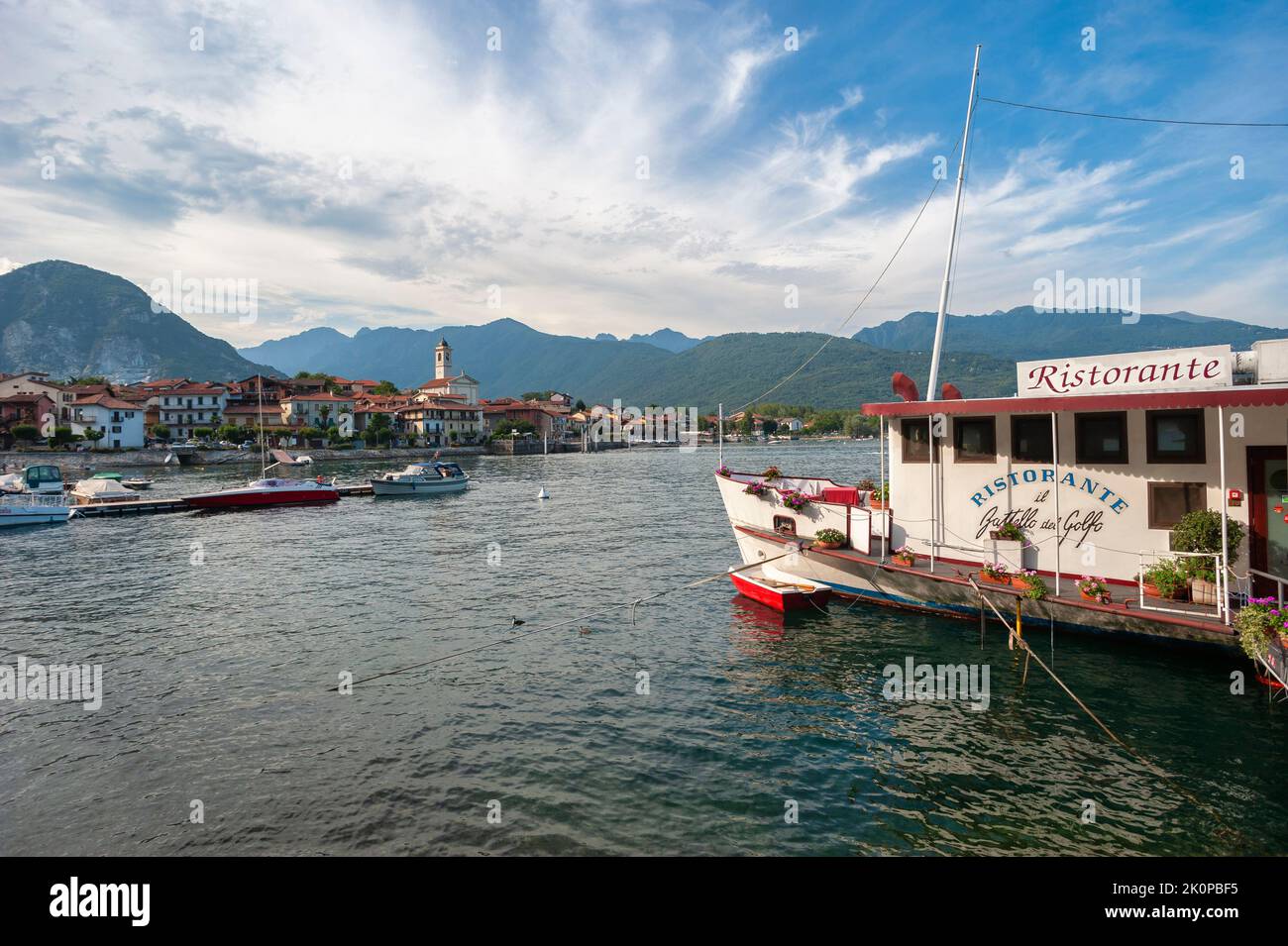 Townscape with ship restaurant on the lake promenade, Feriolo, Piedmont, Italy, Europe Stock Photo