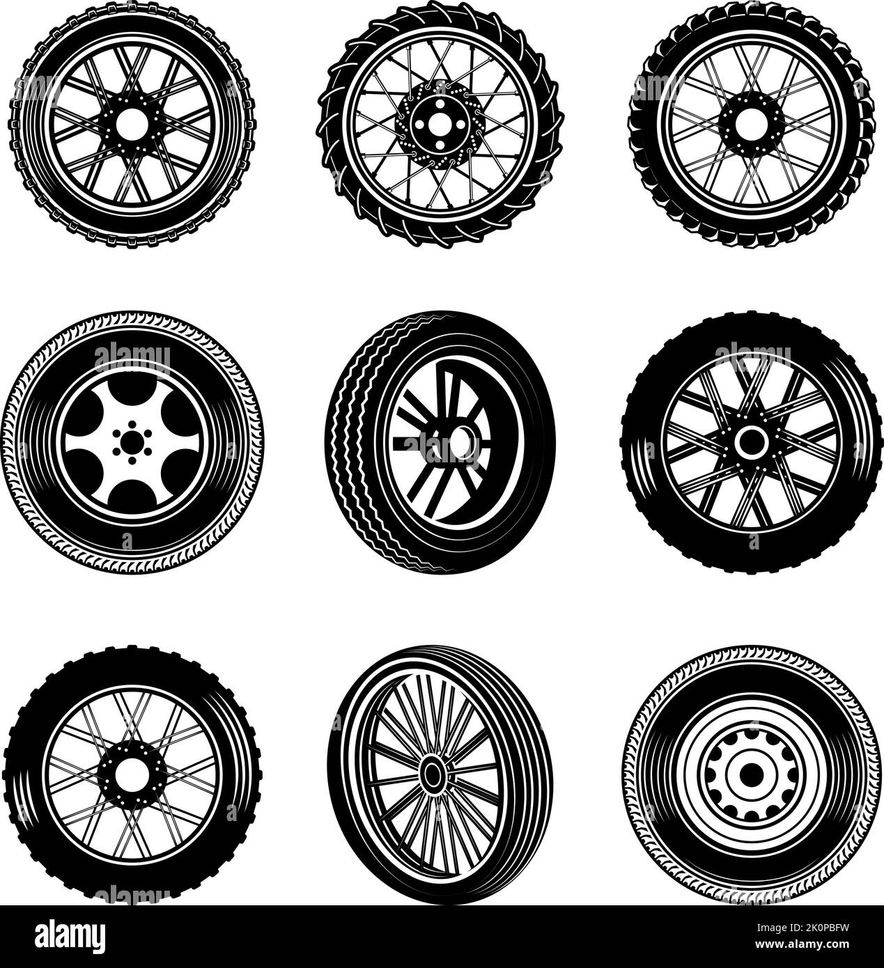 Set of different car and motorcycle wheels in monochrome style. Design element for logo, label, sign, poster, card. Vector illustration Stock Vector