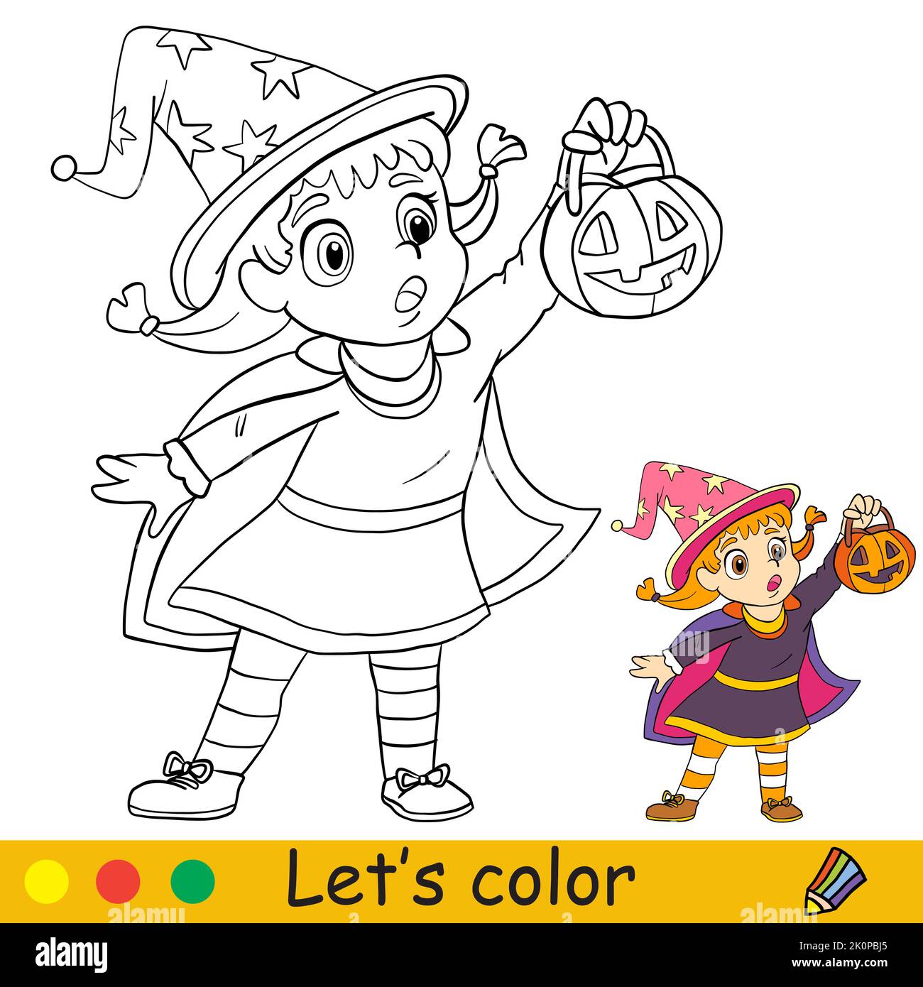 Cute little scared witch with a pumpkin lantern. Halloween concept ...