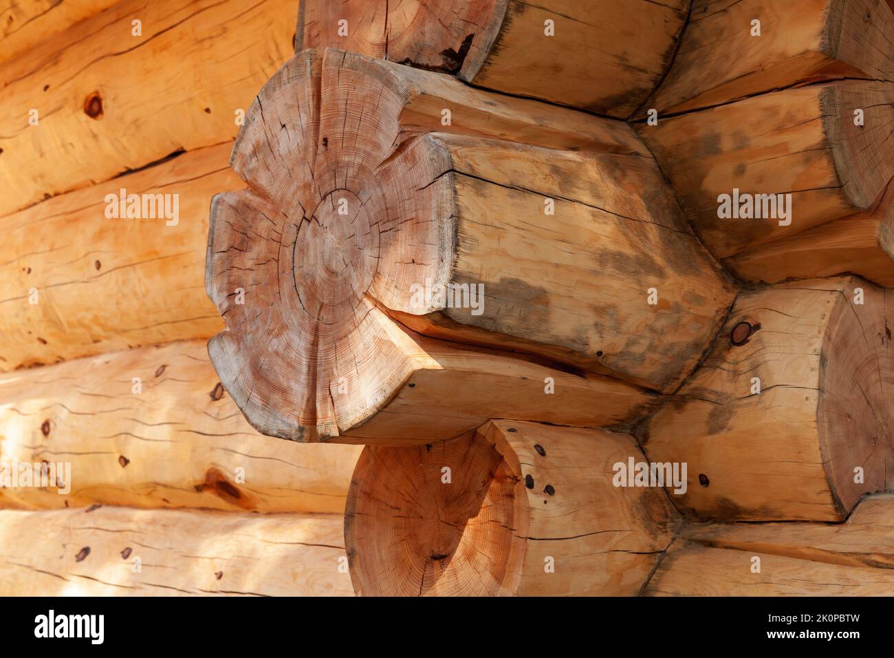 Exterior details of a wooden house made of Siberian Pine logs Stock Photo