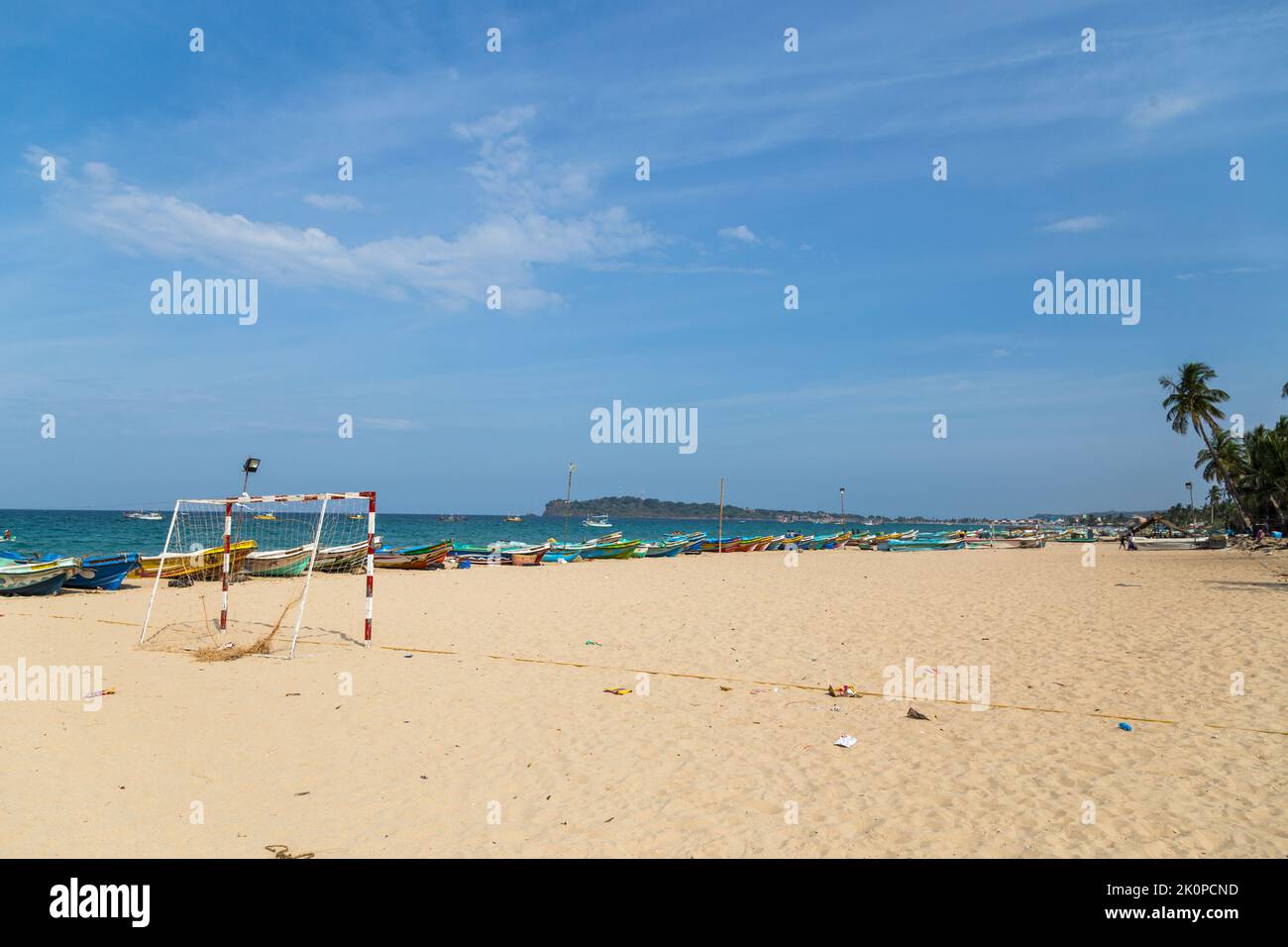 Trincomalee, Sri Lanka - August 24, 2018: Soccer field at the sand beach Stock Photo