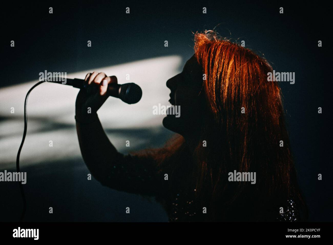 silhouette, profile of female singer woman holding microphone. Excited female singer with modern microphone in hands Stock Photo
