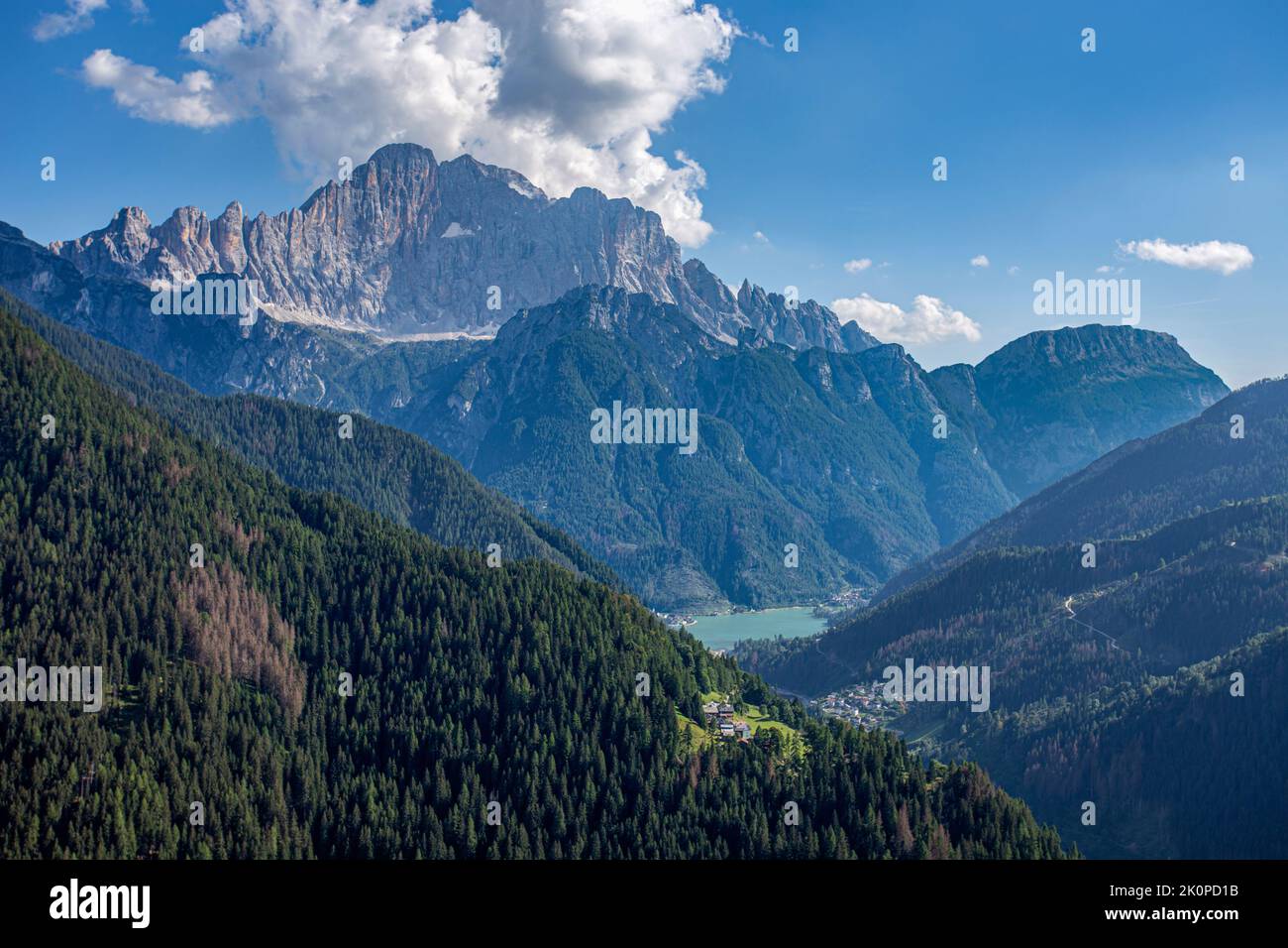 Top view of Civetta Mount and Alleghe lake in the dolomitic scenery, Belluno province, Italy Stock Photo