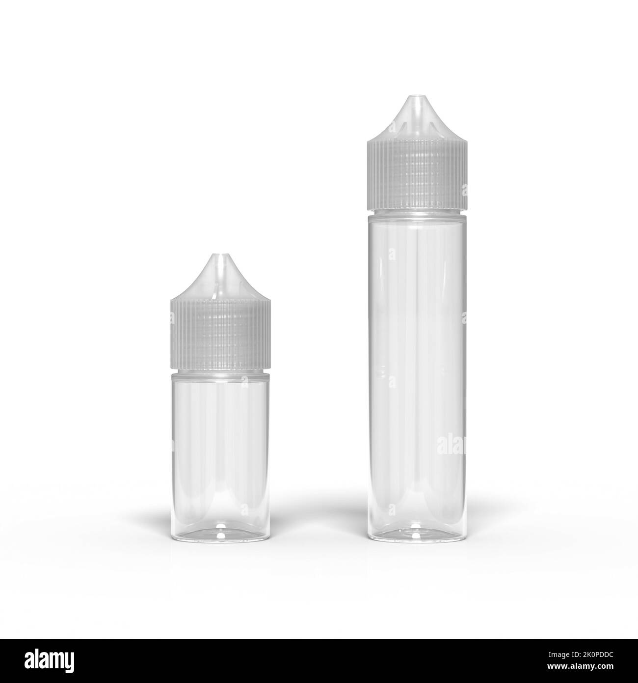 Empty Empty 30ml and 60ml Unicorn Vape Juice Bottle isolated on a white background. 3D Render Illustration Stock Photo