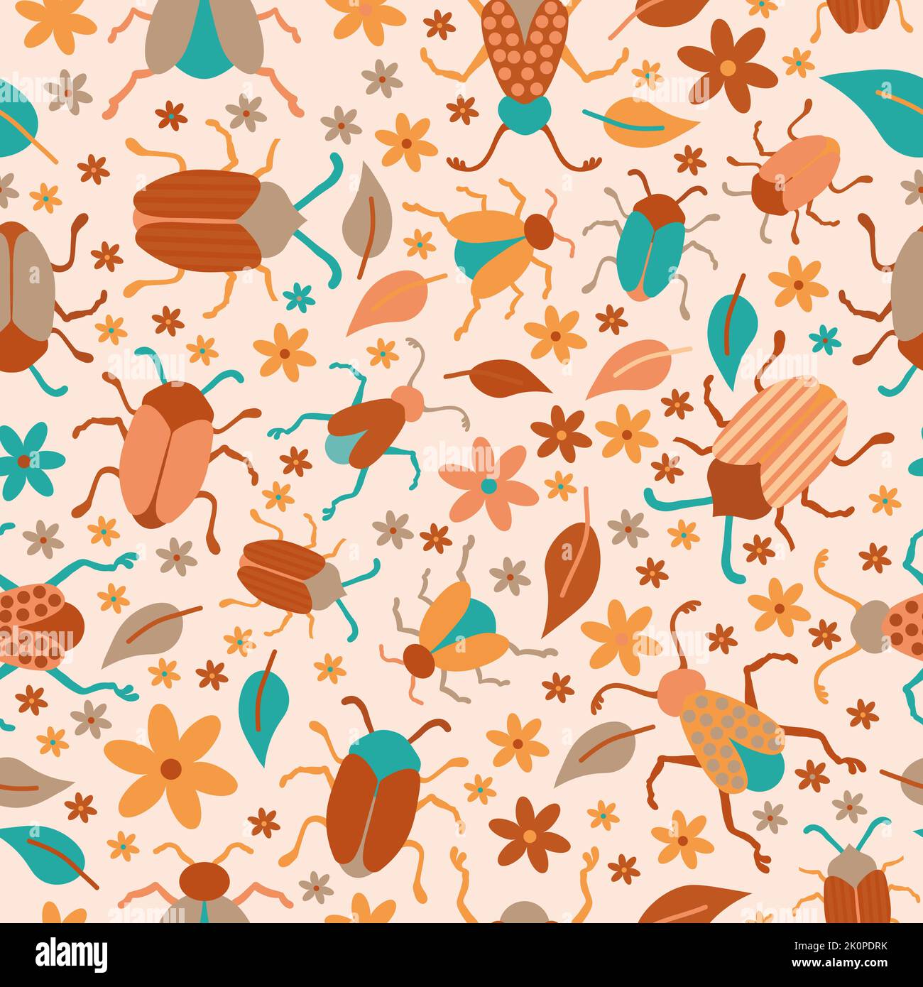 Bugs, leaves and flowers seamless pattern Stock Vector