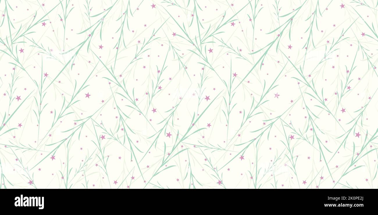 Vector wild green grass herbs pink stars on white artistic seamless ...