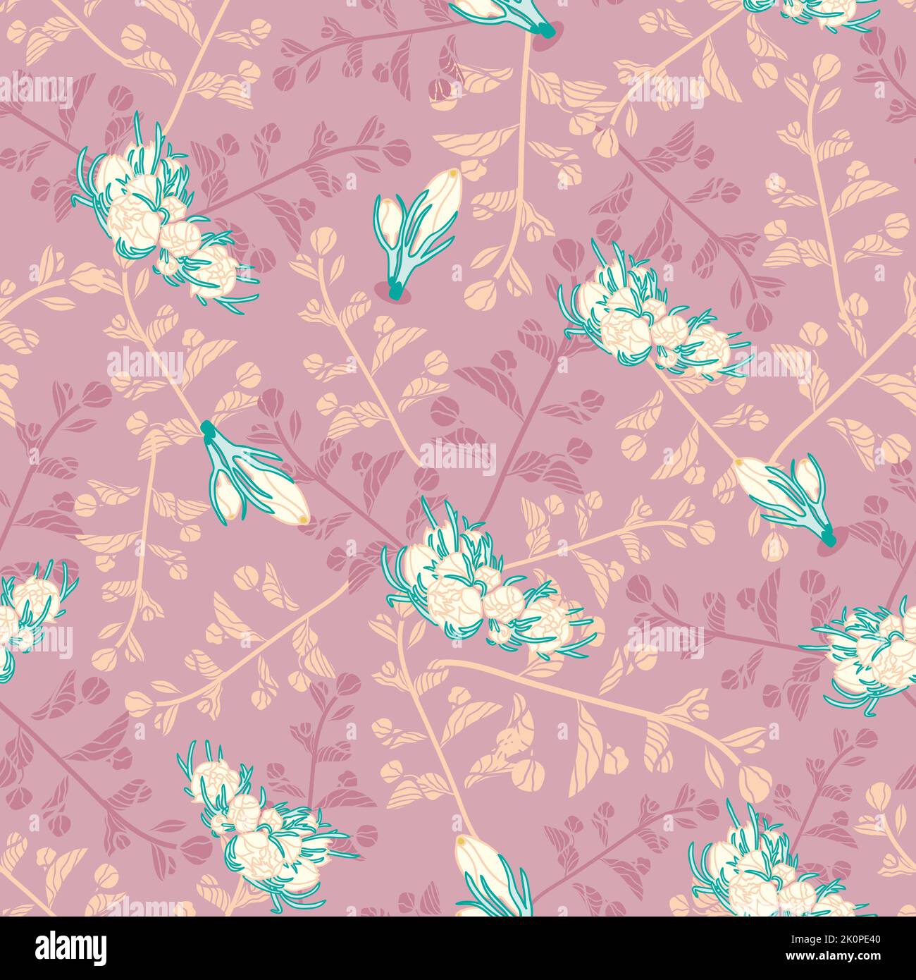 White seagreen jasmines bunches on teapink twigs texture background vector seamless pattern. Stock Vector