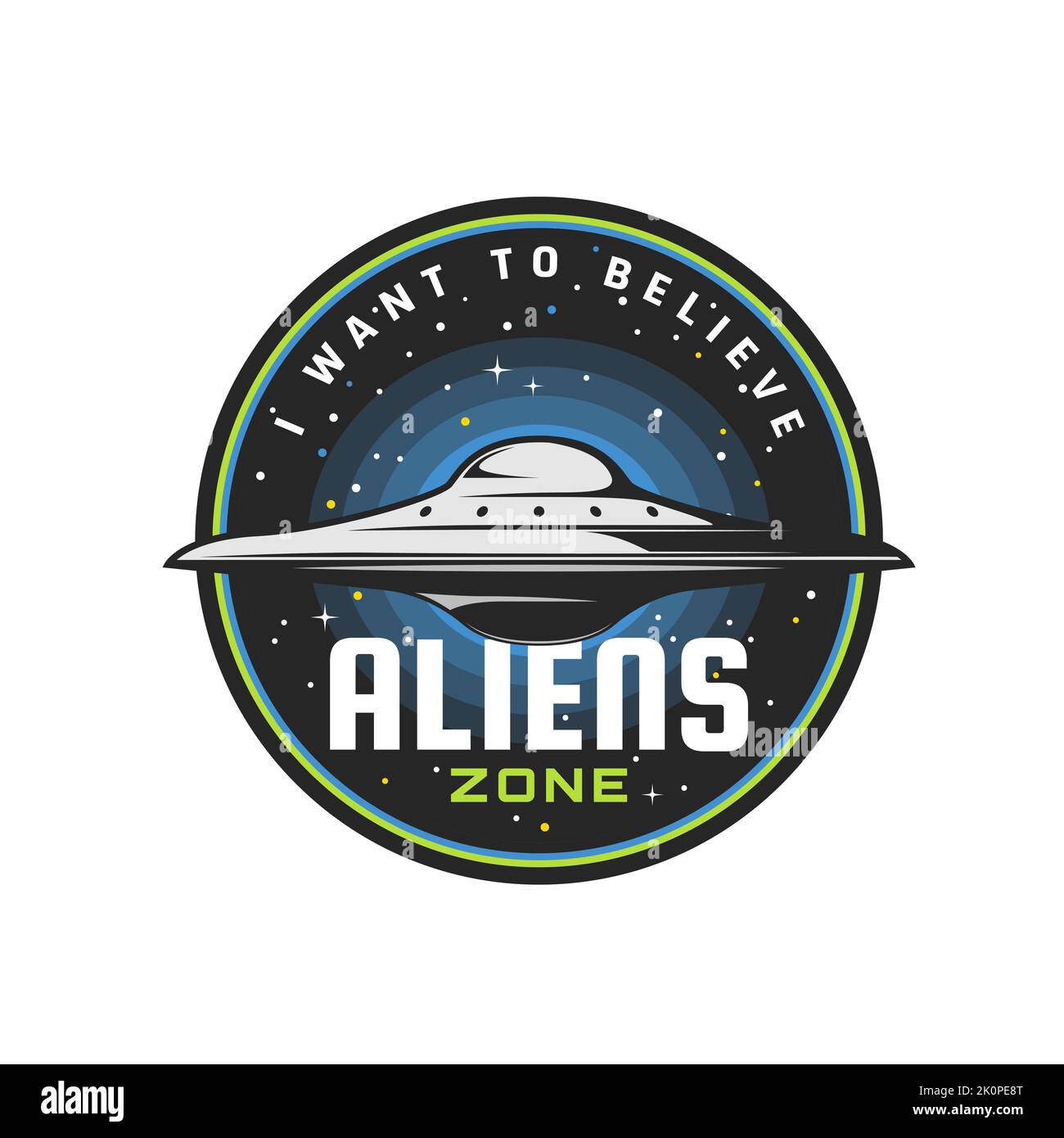 Aliens zone, UFO icon of martians or extraterrestrial area, vector emblem. Alien activity and UFO conspiracy theory sign with I want to believe slogan, martian abduction and paranormal activity area Stock Vector
