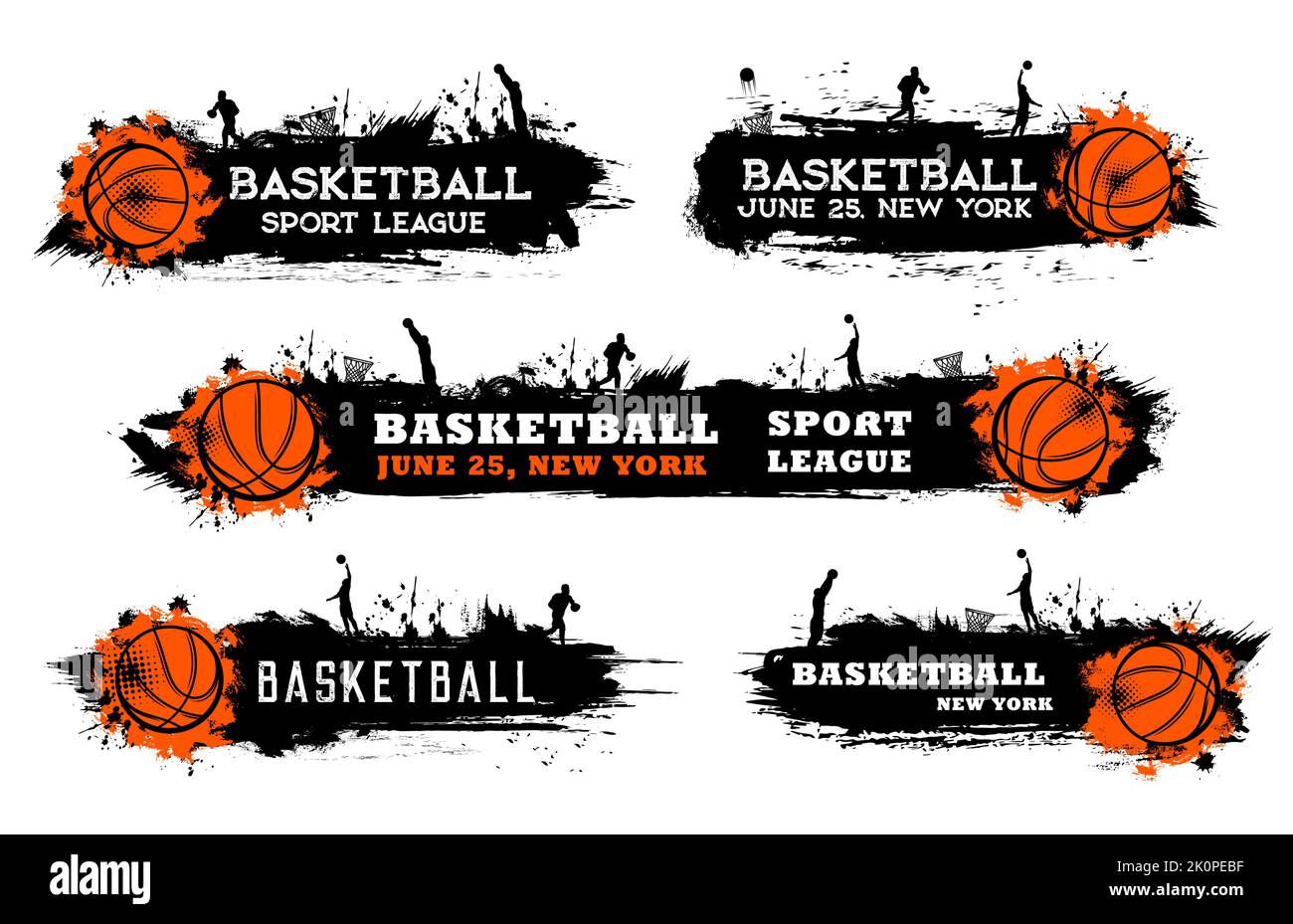 Basketball grunge banners with player silhouettes. Basketball sport league championship, team