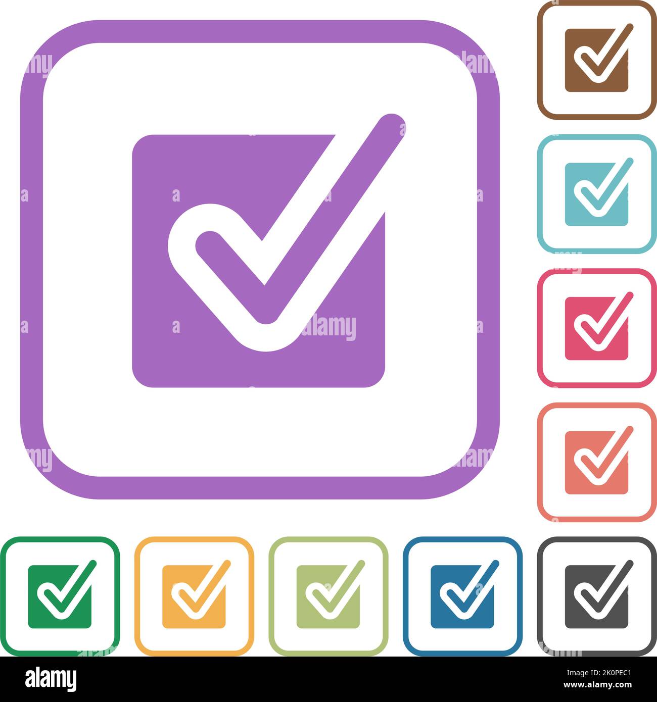 Checked box solid simple icons in color rounded square frames on white background Stock Vector