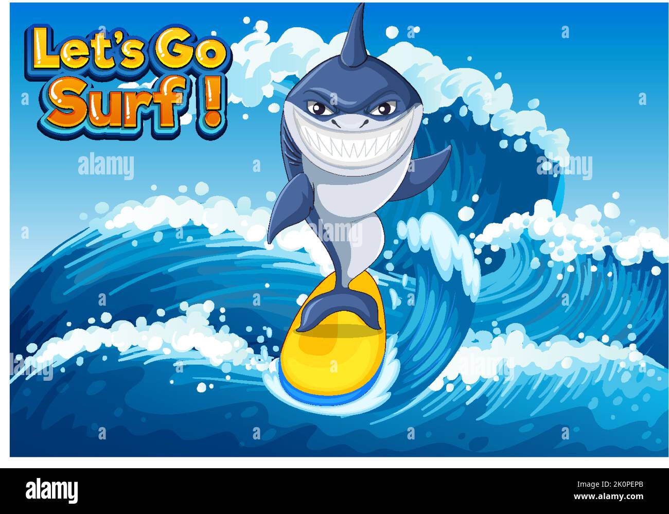 Cute shark surfing cartoon ocean scene illustration Stock Vector Image ...