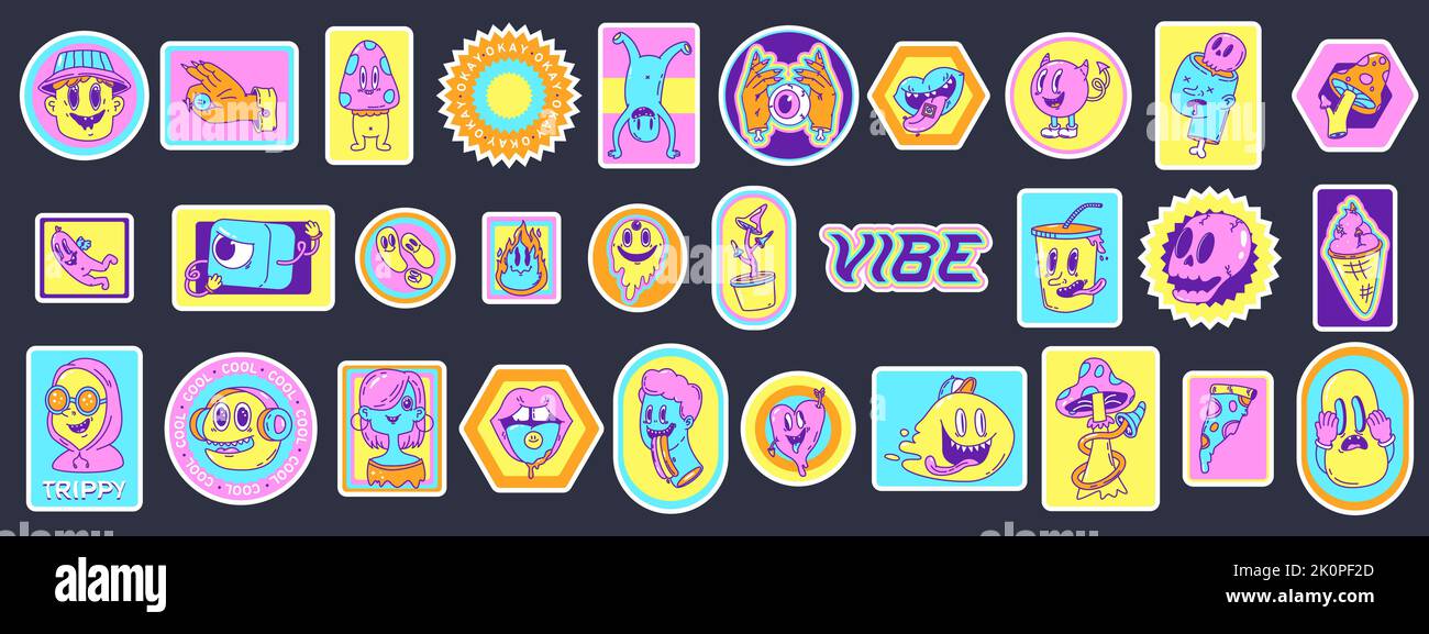 Acid hipster stickers and patches with neon groovy characters. Retro 70s art design, trendy pop style badges. Crazy psychedelic snugly vector elements Stock Vector