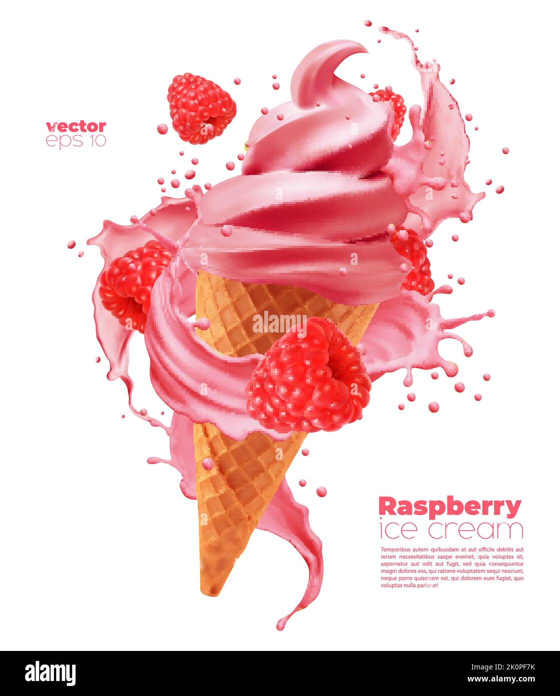 Isolated raspberry soft ice cream cone with splash. Vector realistic
