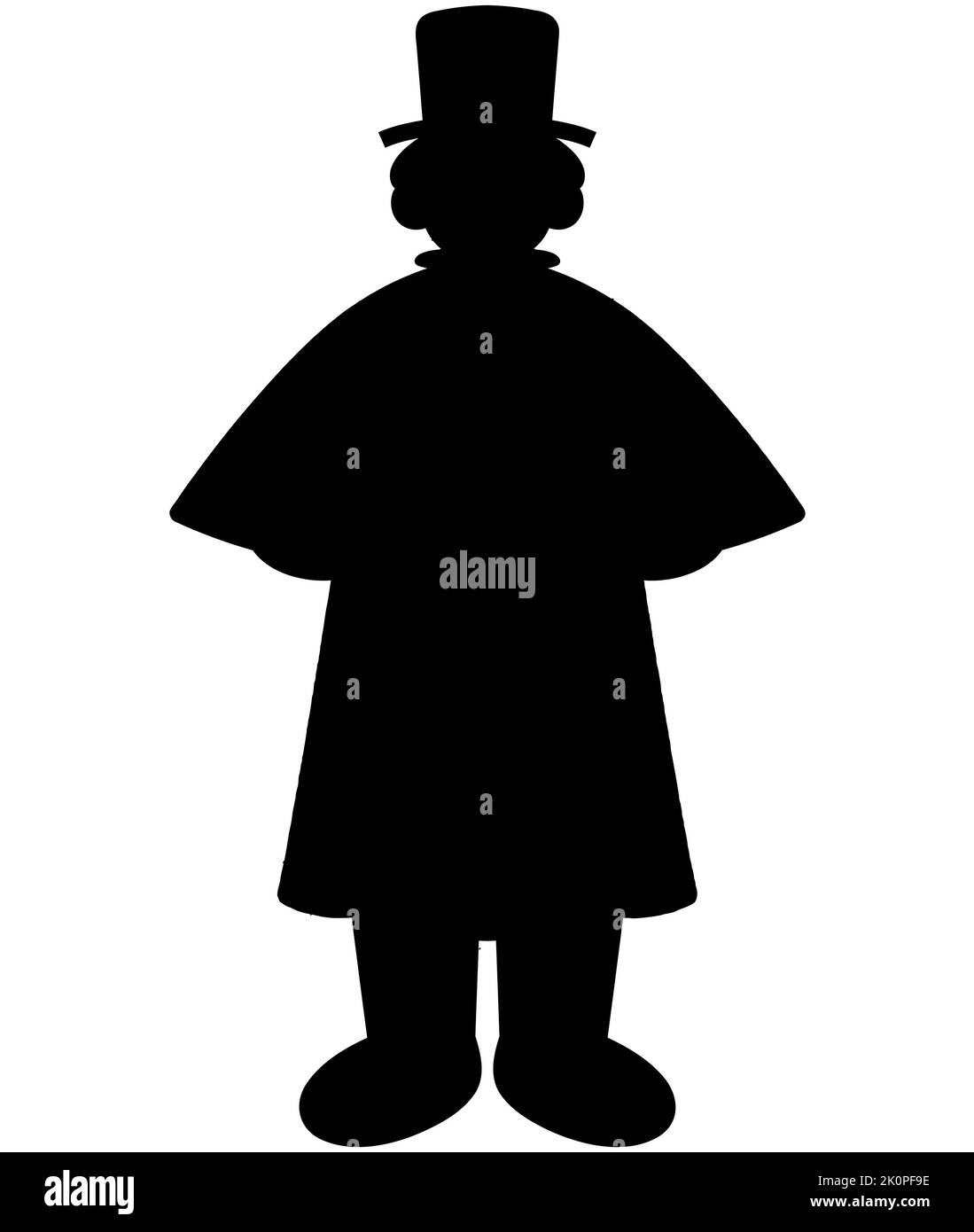 Black silhouette of a man with a long coat and a cap, a gentleman, clown, or magician figure Stock Vector