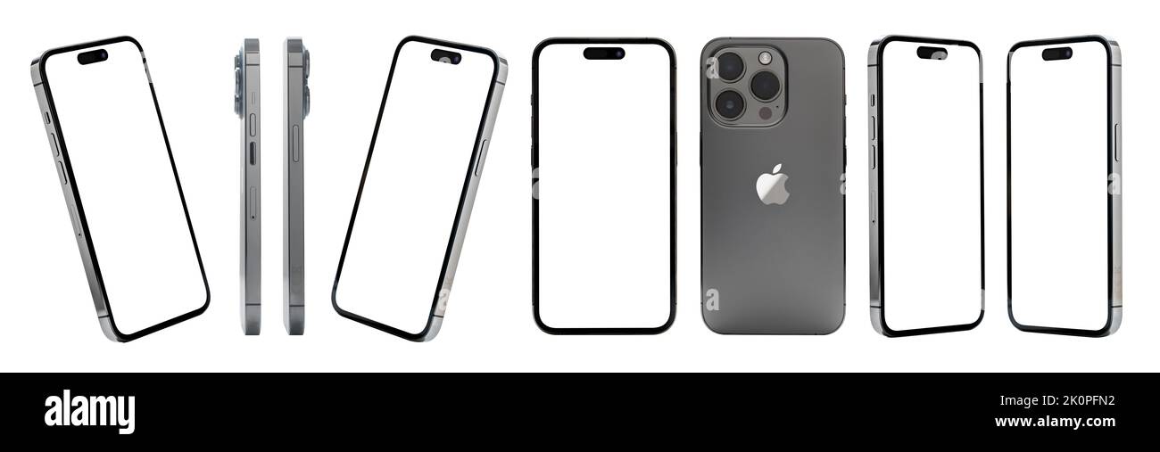 Antalya, Turkey - September 12, 2022: Newly released iPhone 14 Pro mockup set with different angles Stock Photo