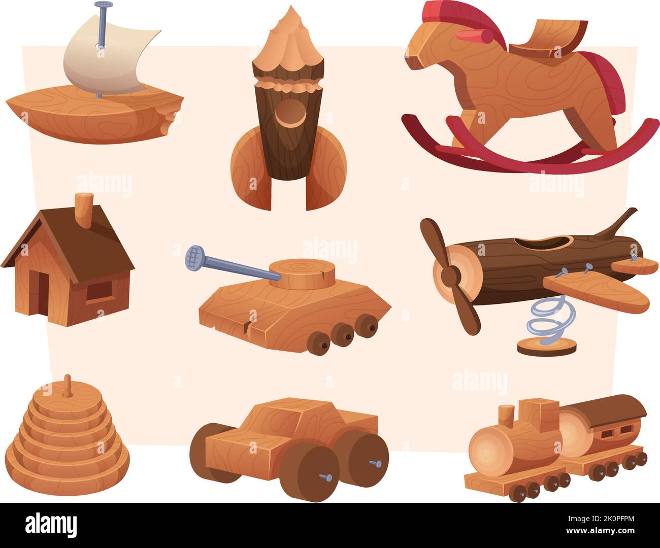 Wooden toys. Playground items collection for kids different toys soldiers cars bricks cubes and houses exact vector template Stock Vector