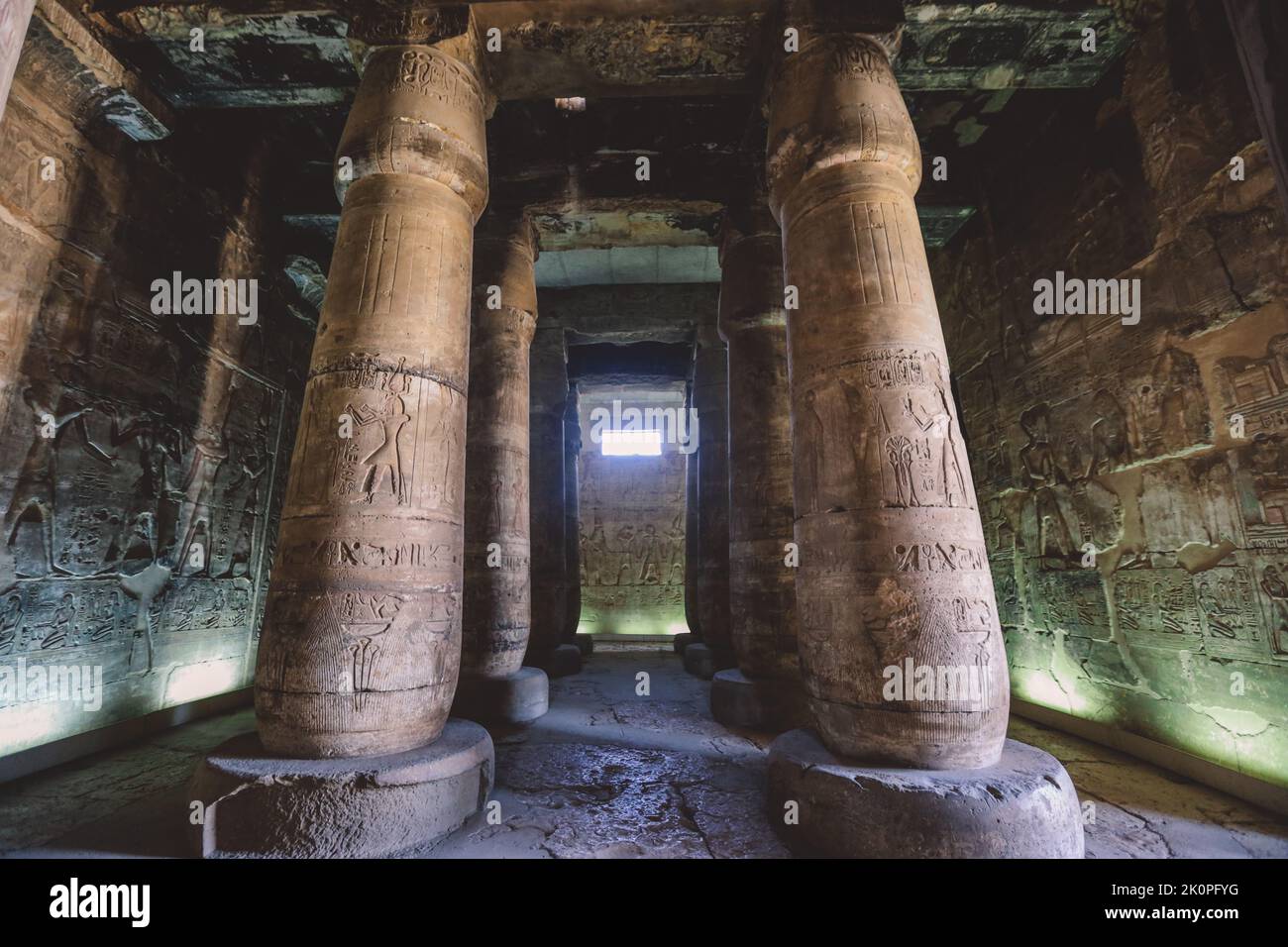Ancient Egyptian Pillars in the temple of Seti I also known as the