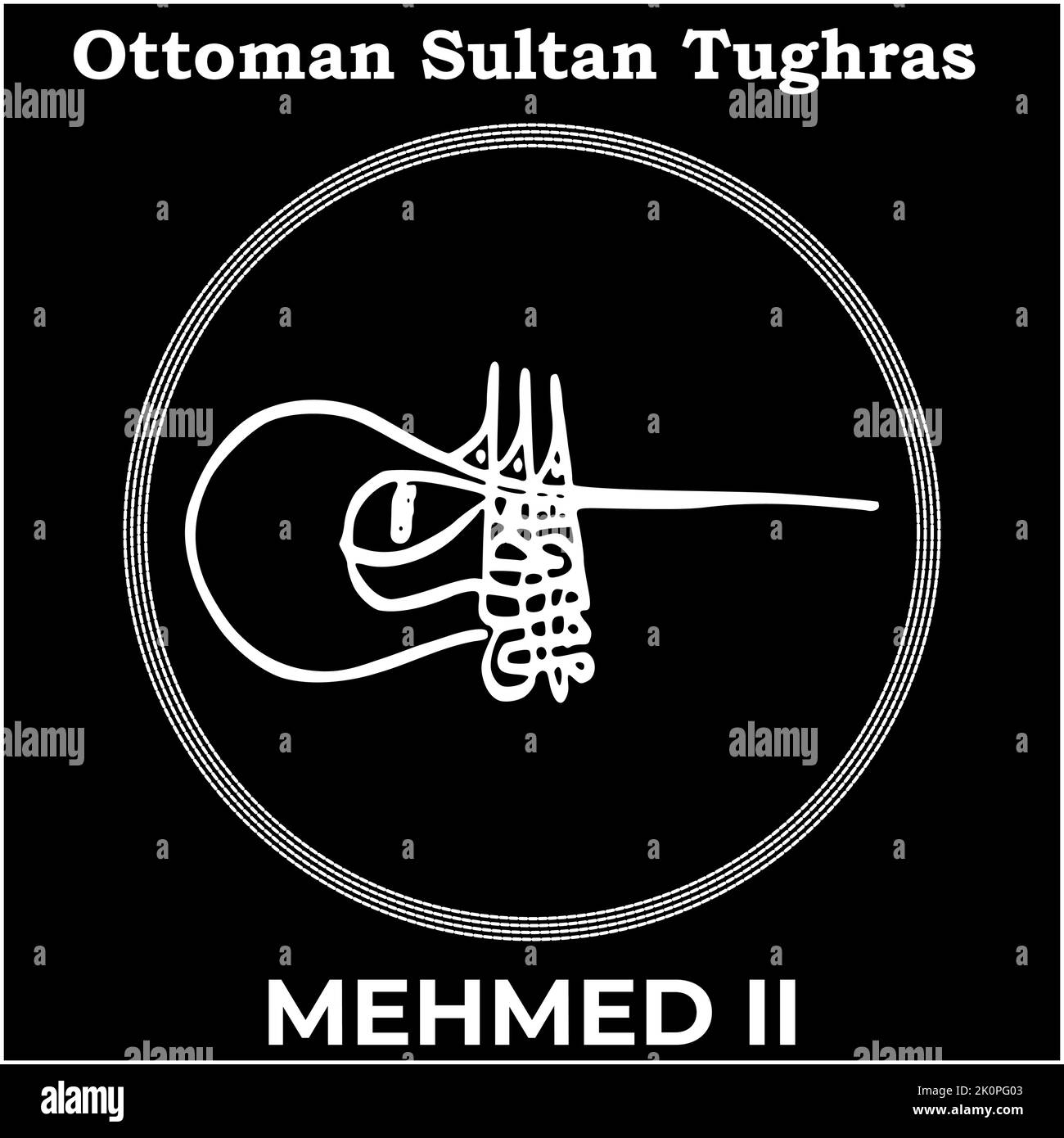 Vector image with Tughra signature of Ottoman Seventh Sultan Mehmed II (Mehmed the Conqueror), Tughra of Mehmed II with black background. Stock Vector