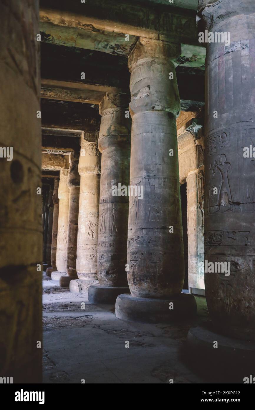 Ancient Egyptian Pillars in the temple of Seti I also known as the