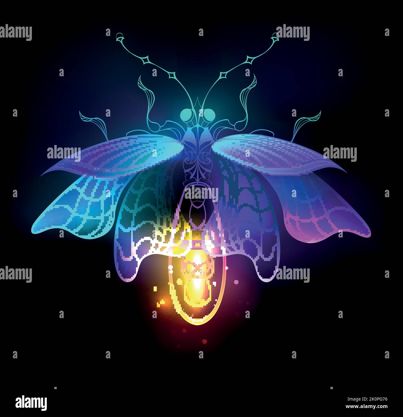 Antique, mechanical firefly with light bulb and thin wings glows orange, purple, turquoise on black background. Steampunk style. Stock Vector
