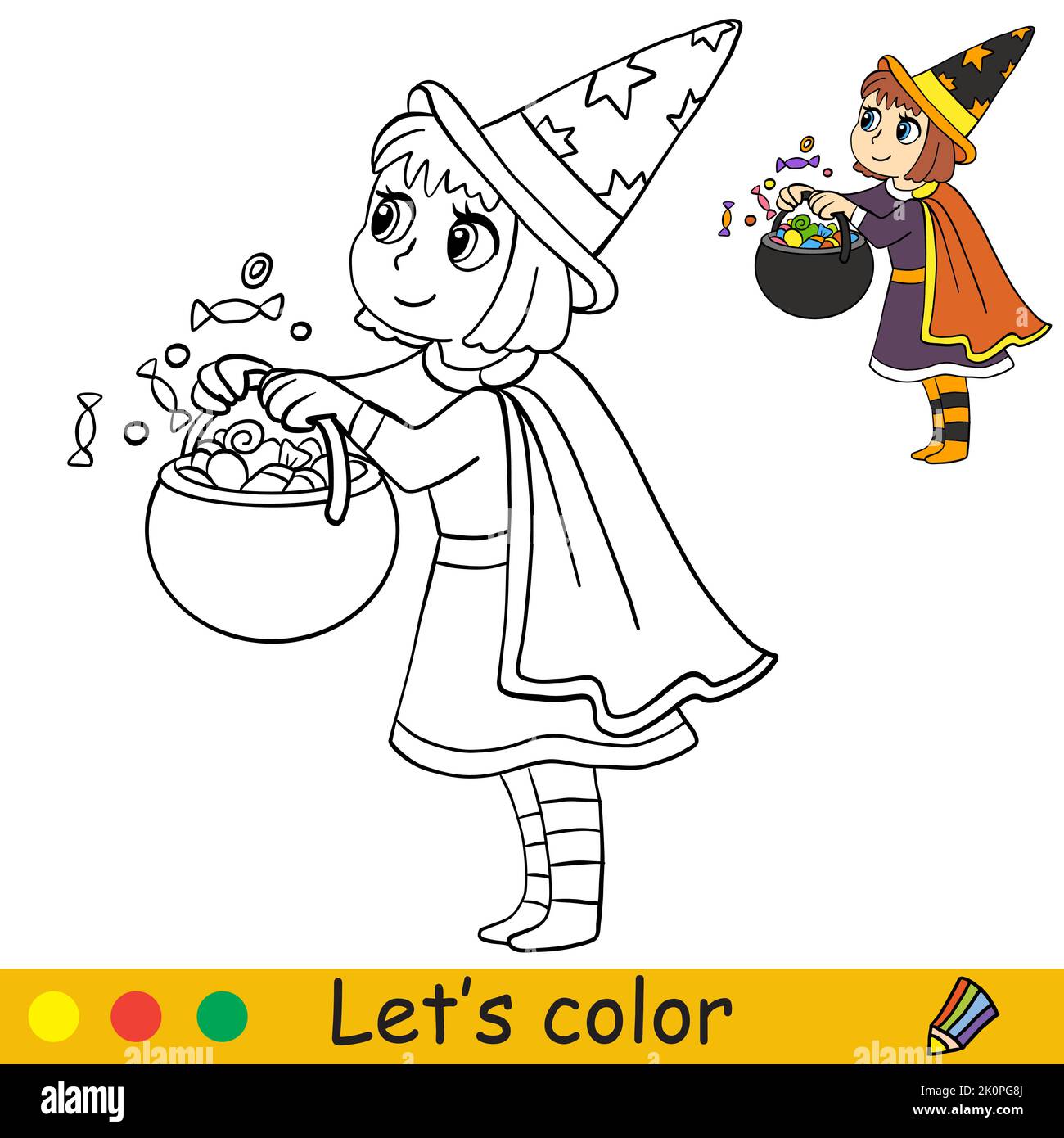 Cute little witch with sweets in a pumpkin bag. Halloween concept ...