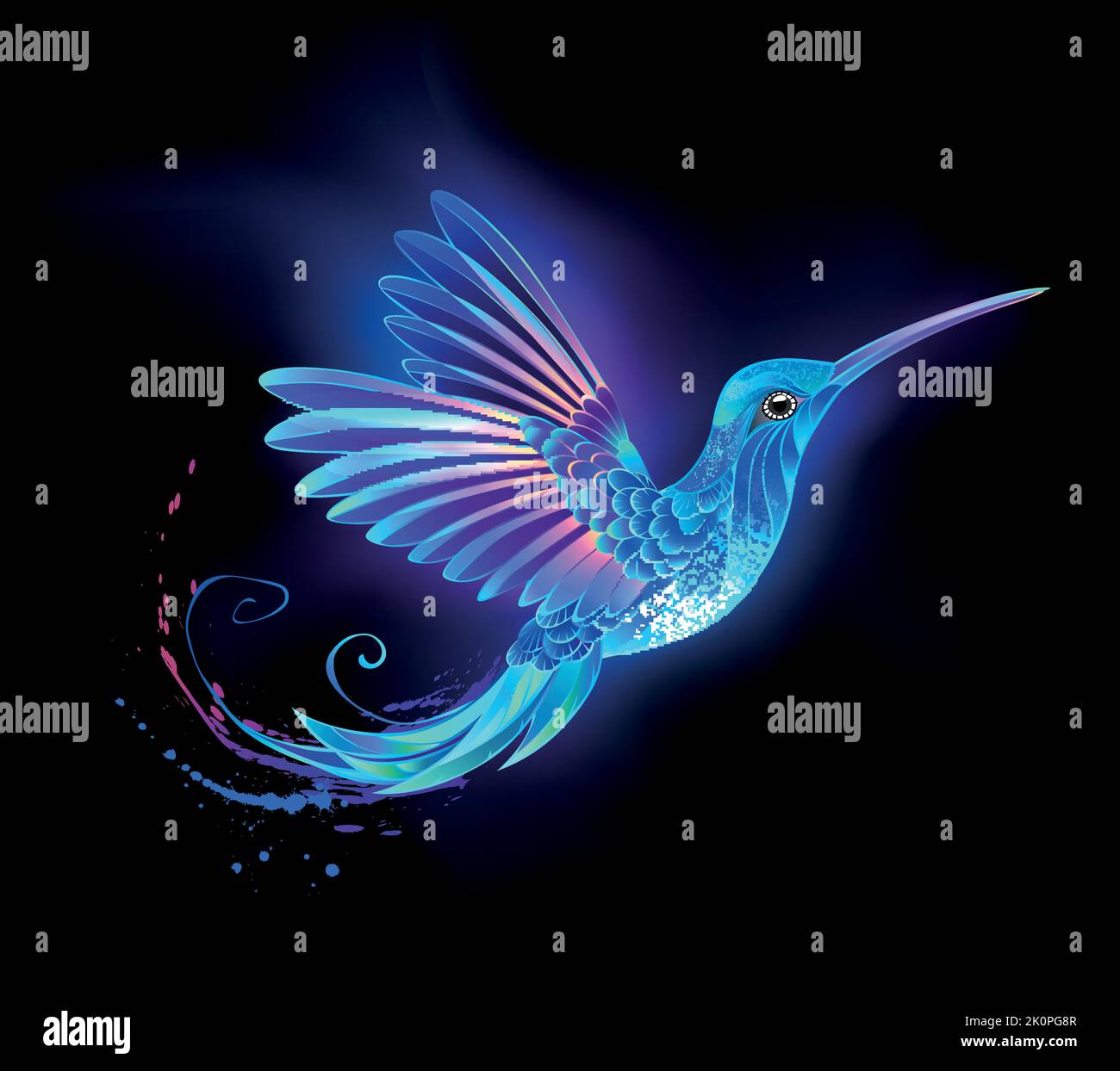 Flying, neon, blue, detailed, glowing hummingbird with purple wings on black background. Glowwave. Stock Vector