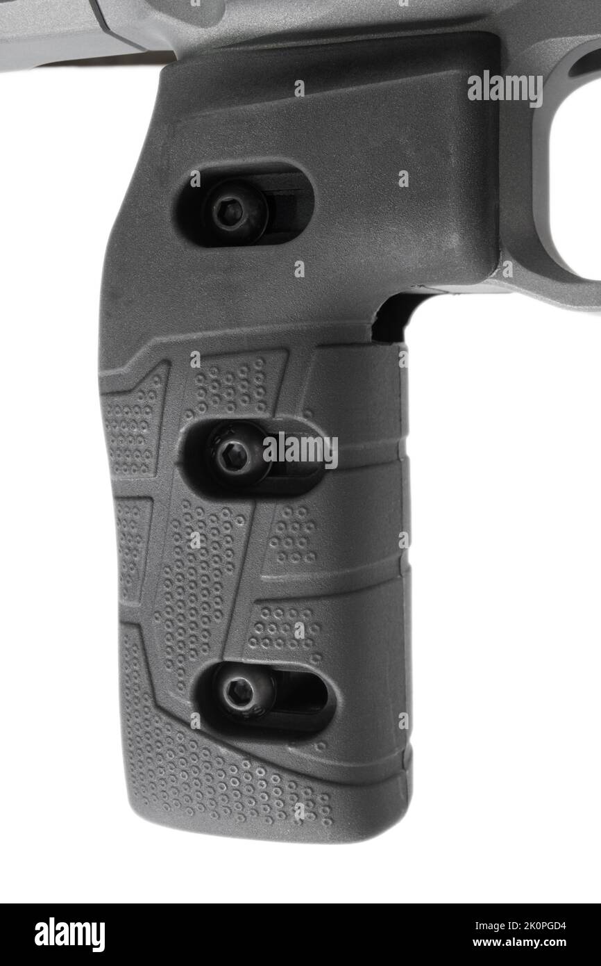 Black and adjustable pistol grip on a rifle isolated on white Stock