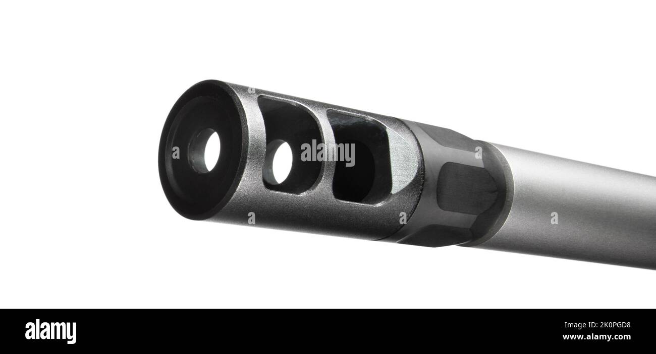 Muzzle brake on the barrel of a rifle isolated on white Stock Photo - Alamy