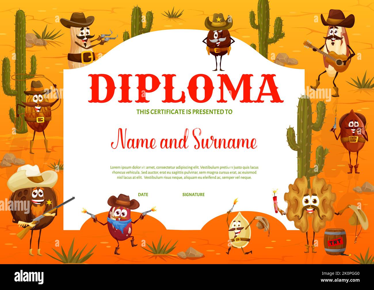 Kids diploma cartoon wild west cowboy, bandit and ranger nut characters. Vector education school certificate with peanut, almond, coffee, bean, brazil, walnut, pumpkin seed and coconut personages Stock Vector