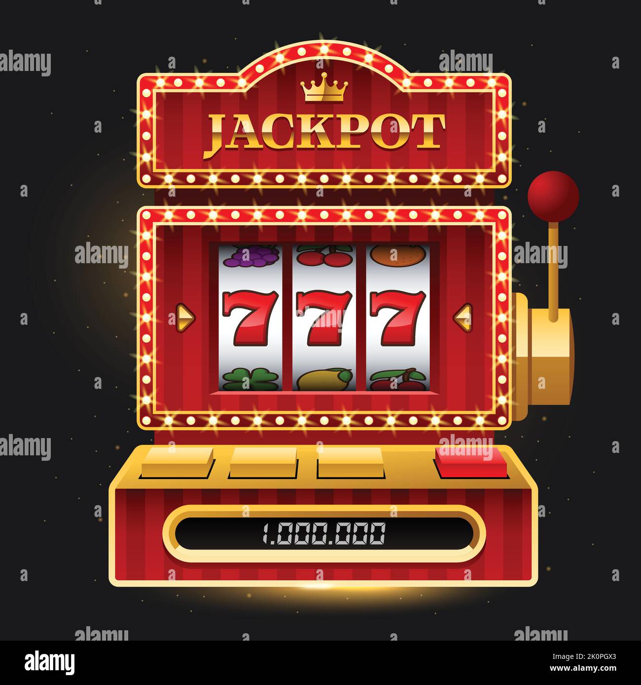 Shiny red slot machine on dark background with Jackpot sign on dark background. Win 777 jackpot. Lucky seven, big win, casino vegas game. Jackpot trip Stock Vector
