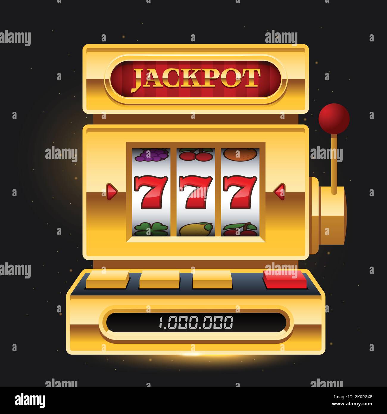 Golden slot machine on dark background with Jackpot sign one dark background. Win 777 jackpot. Lucky seven, big win, casino vegas game. Jackpot triple Stock Vector