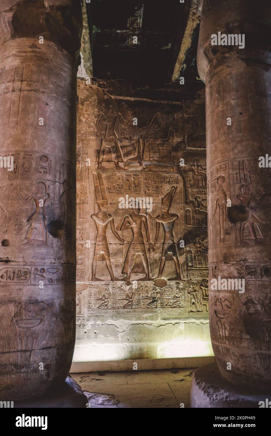 Inside View of the temple of Seti I, which is also known as the Great Temple of Abydos, in Kharga, Egypt Stock Photo