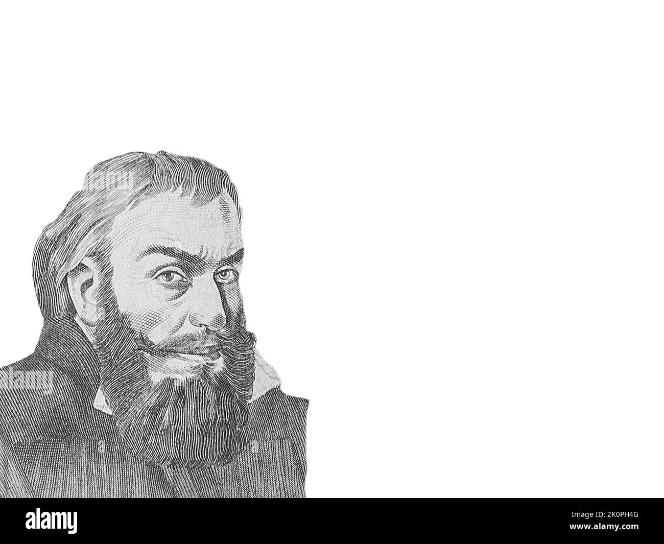 A drawing of Primoz Trubar as depicted on the Tolar banknote on a white