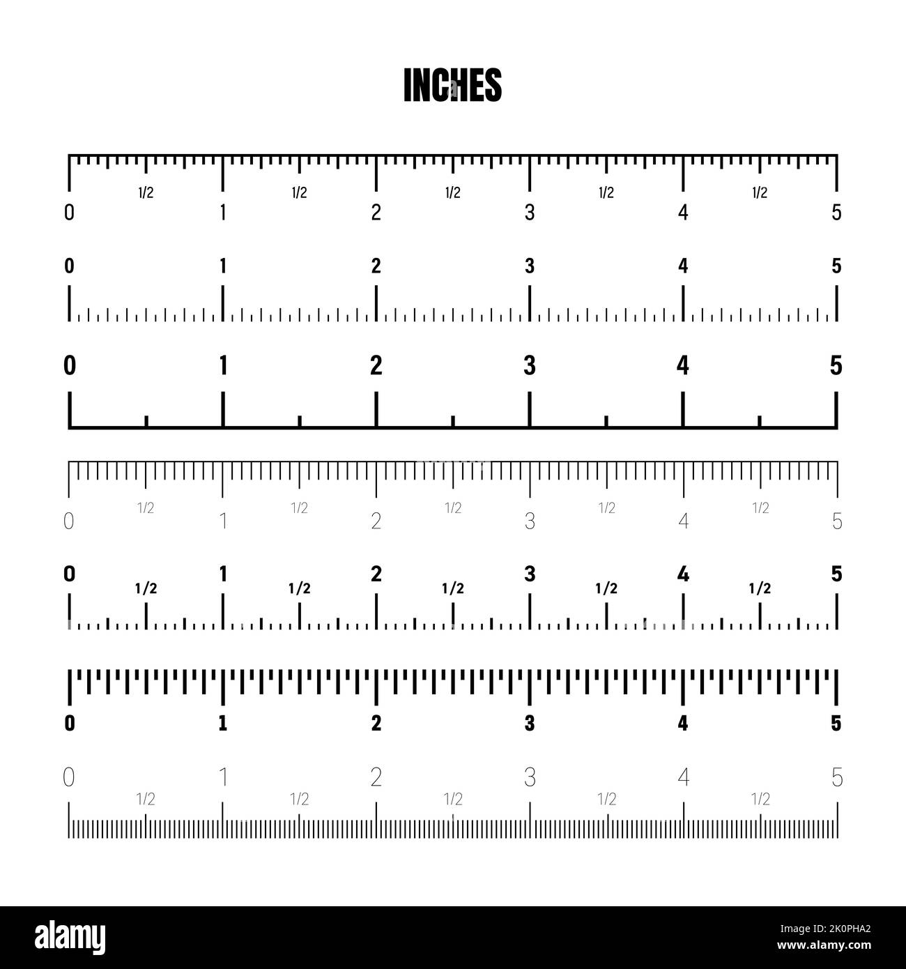 Realistic black inch scale for measuring length or height. Various